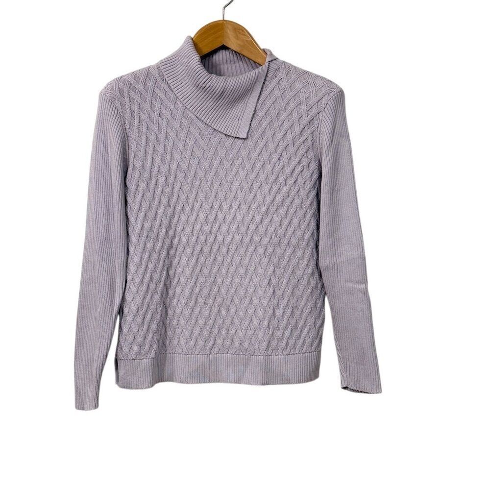 Lands End Womens Sweater L Purple Lilac Ribbed Knit Foldover Neck Long Sleeves